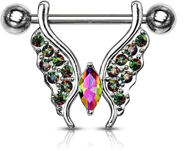Pierced Owl - 14GA 316L Stainless Steel Crystal Paved Butterfly Nipple Barbells, Sold as A Pair
