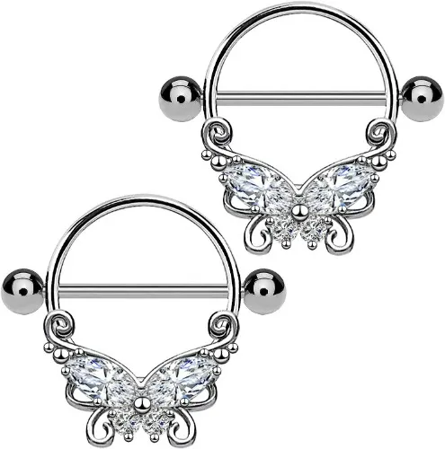 CHARM ONLINE 2PCS 14G 316L Stainless Steel Clear CZ Nipple Rings Butterfly Nipple Barbell Nipple Piercings Jewelry for Women