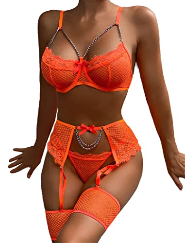 Avidlove Garter Set Lingerie for Women Fishnet Sexy Underwire Lace 4 Piece Sets Chain Bra S-XXL - X-Small - Orange