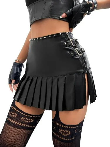 Verdusa Women's Zip Up Buckle Studded High Waist PU Leather Pleated Skirt
