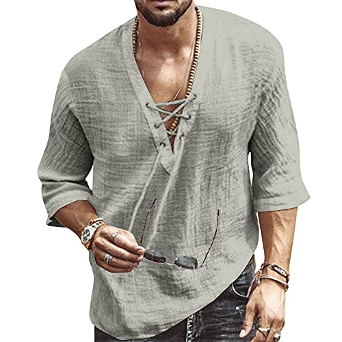 Men's Fashion Shirt Short Sleeve Beach V-Neck Drawstring Printing Yoga African Summer Top - 4X-Large - Solid Gray