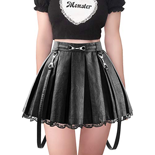 Littleforbig Women's A-Line Pleated Faux Leather Flared Casual Lace Trim Mini Skirts - X-Small - Black