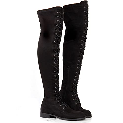 YING LAN Women's Over The Knee Low Heel Lace Up Tall Boots - 5 - Black