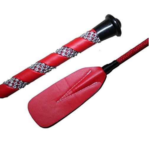 Jump Bat 18 Inch Riding Crop Horse and Rhinestone Decorated Handle Color Choice: Black, Blue, Green, Fuchsia, Pink, Purple, Red, or Yellow - Red Bling