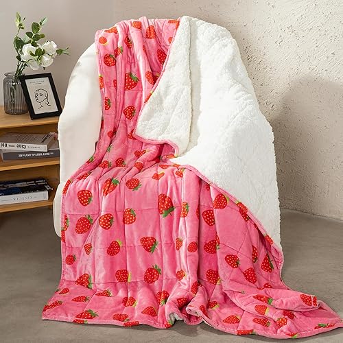 Aemicion Weighted Blanket Queen Size 20 Lbs 60x80 Inches,Ultra Soft Comfortable Fluffy Sherpa Weighted Blankets for Adults,Cute Pink Strawberry Heavy Blanket as Gift for Women,Machine Washable - Strawberry - 60" x 80" 20lbs
