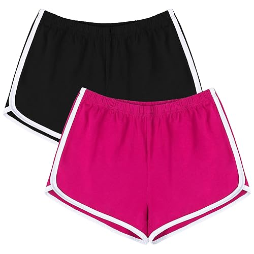 URATOT Women's Cotton Shorts Gym Shorts Yoga Shorts Summer Running Active Shorts Dance Elastic Shorts, Pack of 2 - Large - Black, Hot Pink