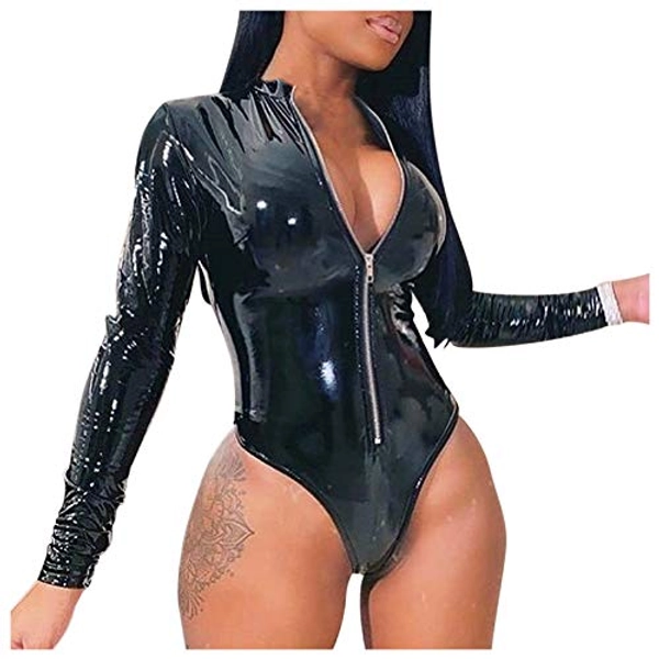 XUETON Womens Crewneck Long Sleeve Leather Sexy T-shirt Jumpsuit One Piece Zipper Bodysuit