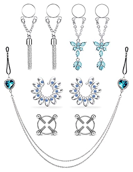 Ocptiy 9PCS Fake Butterfly Nipple Rings Chain Stainless Steel Fake Nipple Rings for Women Non-Piercing Dangle Nipplerings Faux Body Piercing Jewelry