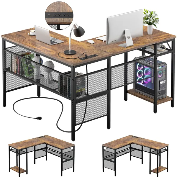 Unikito L Shaped Desk with USB Charging Port and Power Outlet, Reversible L-Shaped Corner Computer Desk with Storage Shelves, Industrial 2 Person Gaming Table Modern Home Office Desk, Rustic Brown - Rustic Brown