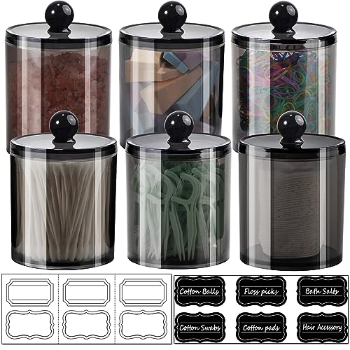 6 Pack of 12 Oz. Qtip Dispenser Apothecary Jars Bathroom with Labels - Holder Storage Canister Clear Plastic Acrylic Jar for Ball,Cotton Swab,Cotton Rounds,Floss Picks, Hair Clips (Black) - Black - 6 Pack