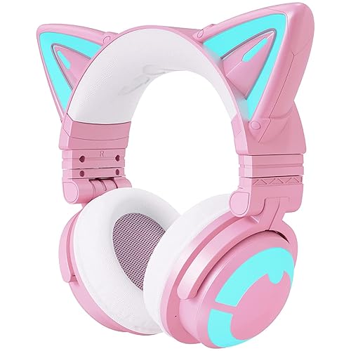 YOWU RGB Cat Ear Headphone 3G Wireless 5.0 Foldable Gaming Pink Headset with 7.1 Surround Sound, Built-in Mic & Customizable Lighting and Effect via APP, Type-C Charging Audio Cable -Pink - 3G - Pink