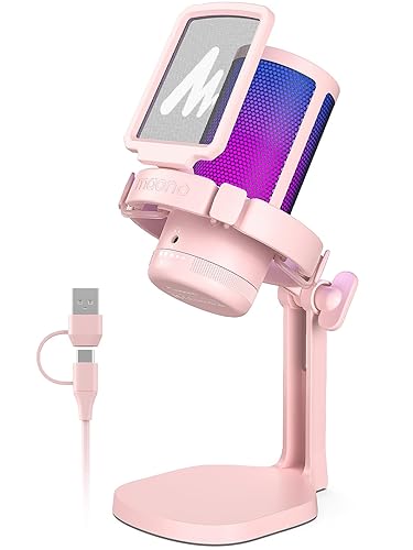 MAONO USB Microphone for PC, RGB Gaming Mic with Mute Button, Noise Cancellation Condenser Microphone with Gain knob for Streaming, Podcast, Recording, Chat, Compatible with PS5/PS4/Mac, DGM20, Pink - Pink
