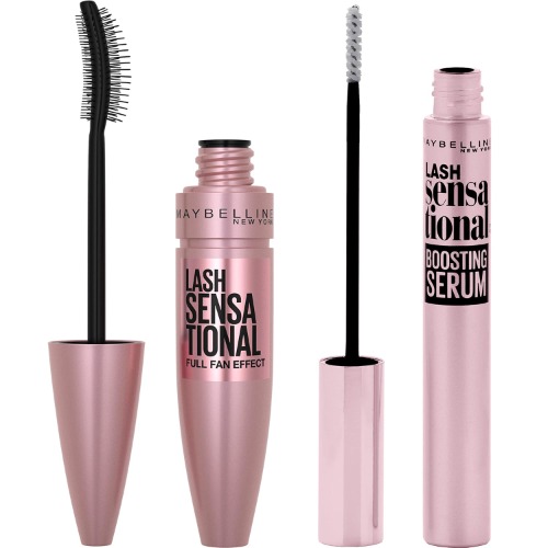Maybelline Lash Sensational Washable Blackest Black Mascara and Eyelash Boosting Serum Bundle - WASHABLE 2 Piece Set BLACKEST BLACK AND SERUM BUNDLE