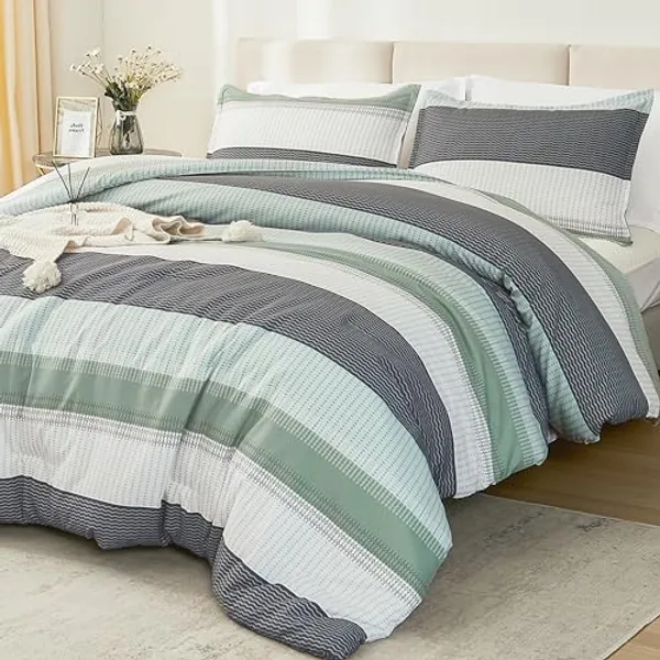 Litanika Comforter Full Size Set Sage Green - 3 Pieces Lightweight Bedding Comforter Sets, Green White Colorblock Stripe Fluffy Bed Set, All Season Down Alternative Bed Set