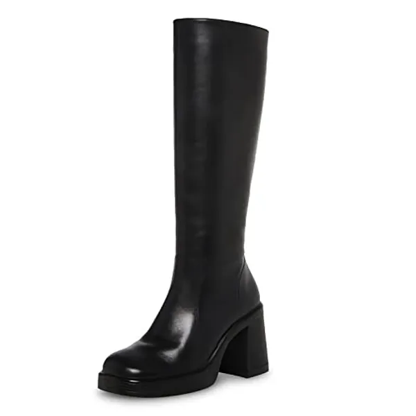 SOVANYOU Black Leather Boots Platform Boots for Women Square Toe Chunky Block Heeled Boots