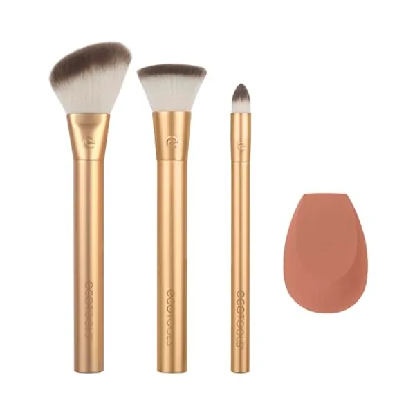 EcoTools Precious Metals Face Blend & Sculpt Set, Makeup Brush Kit For Foundation, Concealer, & Powder, Ecofriendly Makeup Brush Kit, Recycled Aluminum, Chrome, Cruelty-Free, 4 Piece Set