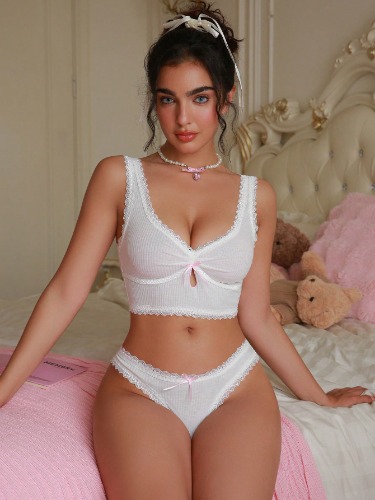 PetitDoll Contrast Lace Cut Out Bow Front Bra & Thong Lingerie Set