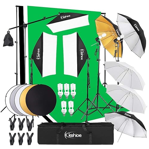 Kshioe Photography Lighting Kit, 6.5x10feet/2x3m Backdrops Stand Support System, 5 in 1 reflectors, 1600w 5500k Umbrellas Softbox Continuous Lighting Kit for Portrait, Product and Video Shooting