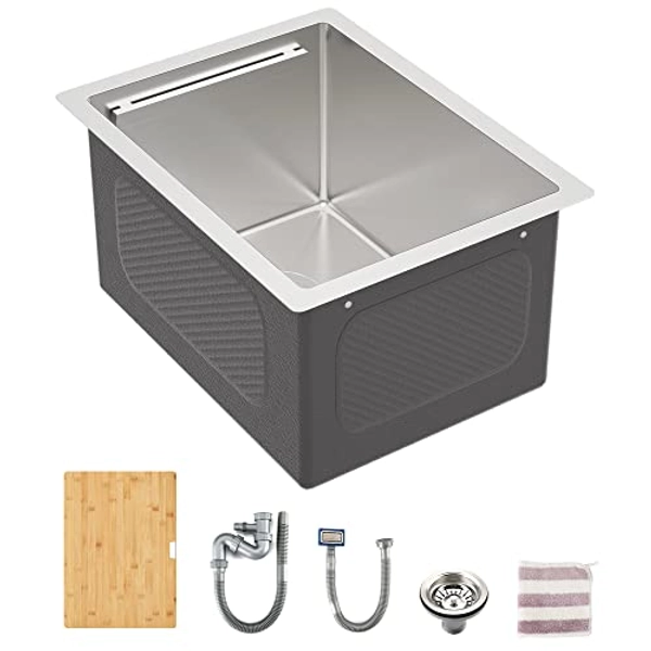 KORVO Workstation Einbauspüle, Edelstahlspüle(SUS304; 18 gauge/~1,2 mm),Inklusive Bambus Schneidbrett und Abtropfschale,36 x 48 cm