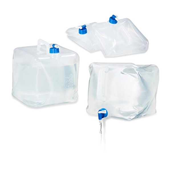 Relaxdays Faltkanister 4er Set, 15 l, Hahn, Schraubdeckel, Griff, Wasserkanister Camping, BPA-frei, transparent/blau