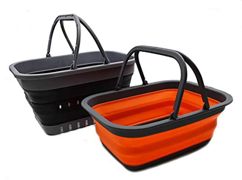 SAMMART 9.2L & 19L Faltbare Wanne mit Griff - Tragbarer Picknickkorb/Krater für den Außenbereich - Faltbare Einkaufstasche - 2 Stück (Orange & Schwarz)
