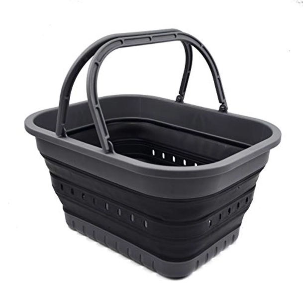 SAMMART 19L Collapsible Tub with Handle - Portable Outdoor Picnic Basket/Crater - Foldable Shopping Bag - Space Saving Storage Container (grau/schwarz, 1)