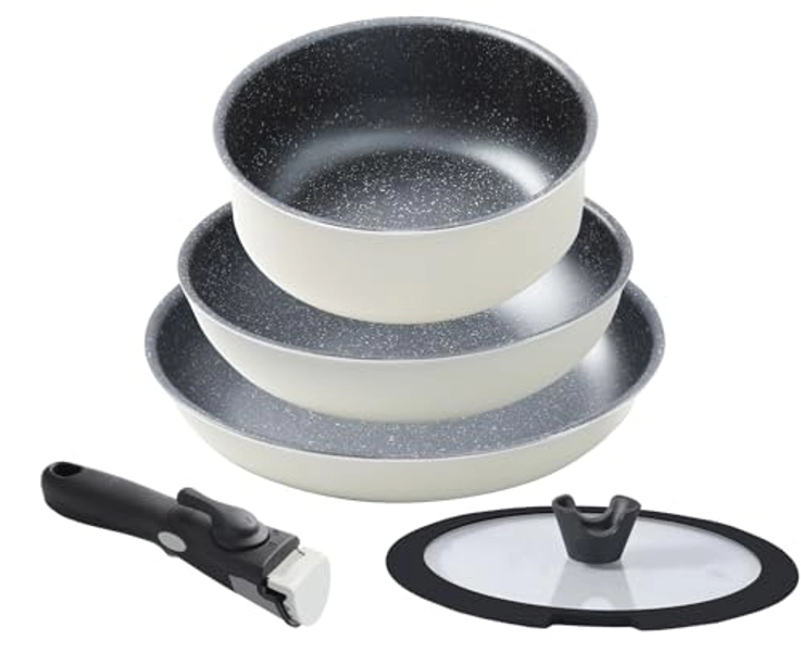 Motase Pfannenset 6-Teilig Antihaftversiegelung Abnehmbarer Griff Stapelbar Topfset platzsparend backofenfest Für alle Herdarten Kochgeschirr Set Bratpfannen fürs Camping, Milchig weiß