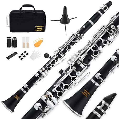 Eastar B Flat Clarinet for Beginner, Ebonite Clarinet Nickel-plated with 2 Barrels, 3 Reeds, White Gloves, Hard Case, Cleaning Kt, ECL-300 - Nickel keys, Student style