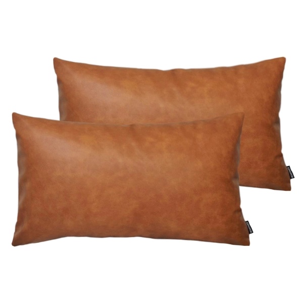 HOMFINER Set of 2 Thick Faux Leather Lumbar Throw Pillow Covers 12x20, Modern Farmhouse Boho Small Long Accent Scandinavian Decor Rectangle Decorative Cushion Cases for Couch Bed Sofa Cognac Brown - 18" x 18", Set of 2