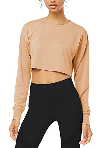 Bestisun Long Sleeve Crop Top Cropped Sweatshirt for Women with Thumb Hole - Small - Khaki