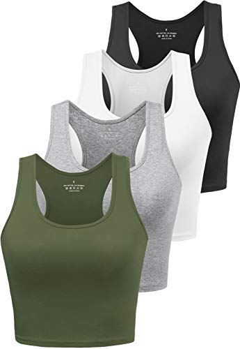 Joviren Cotton Workout Crop Tank Top for Women Racerback Yoga Tank Tops Athletic Sports Shirts Exercise Undershirts 4 Pack - Black White Grey Olive - Small