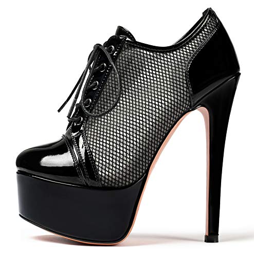 SAMMITOP Women's Round Toe Lace Up Ankle Boots Platform High Heel Pumps Party Dress Shoes - 8 - Blackmesh