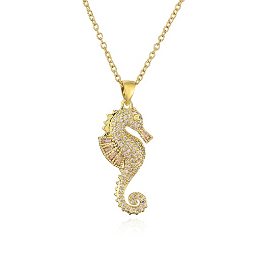 cmoonry 18K Gold Plated CZ Zircon Seahorse Pendant Necklace For Women Girl 17.7"+2" - Gold