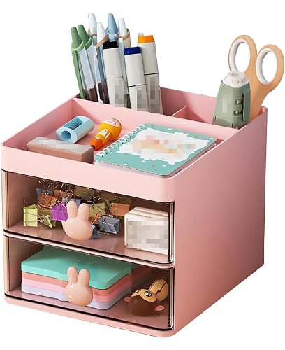 House of Quirk Small Desk Organizer with Drawer, Multi-Functional Pen Pencil Holder Storage Box for Desk, Desk Organizers and Accessories with 3 Compartments + 2 Drawer for Office ((Pink)) : Amazon.in: Home & Kitchen