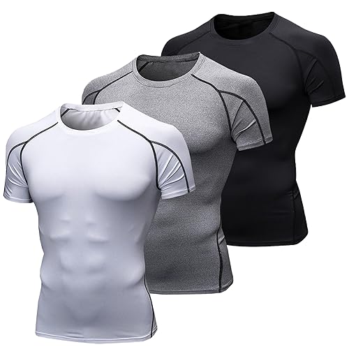 YUSHOW 3 Pack Tee Shirt Compression Homme Manches Courtes Sport Tshirt Running Vetement de Fitness Homme Gym Compression Maillot T-Shirt Musculation Jogging - M - Noir+gris+blanc