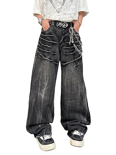 Zewool Jeans Baggy déchirés pour Hommes Jeans Hip hop Y2K Skater à Jambes Larges Pantalons en Denim à Coupe Loose - A10 Noir - M