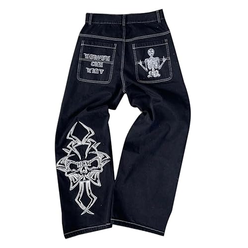 ORANDESIGNE Jeans Y2K Homme Taille Basse Printed Pants Pantalon Unisexe Pantalon Cargo Décontracté Imprimé Hippie Streetwear - M - A Blanc