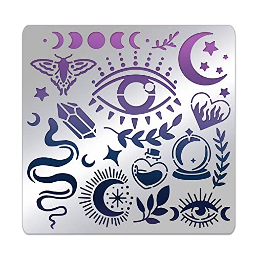 BENECREAT Witchcraft Theme Stencils 6x6 Inch The Devil's Eye Snake Moon Stainless Steel Stencil for Drawings and Woodburning, Engraving and Scrapbooking