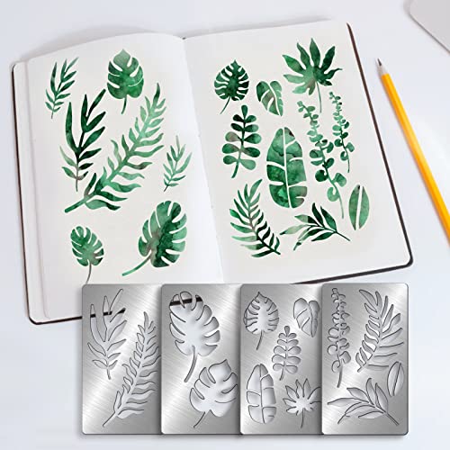 FINGERINSPIRE 4 Pcs Plant Leaves Metal Stencils Template, Stainless Steel Drawing Painting Stencils for Card Making Spring Scrapbooking DIY Etched Dies Decoration Supplies - Plant Leaves