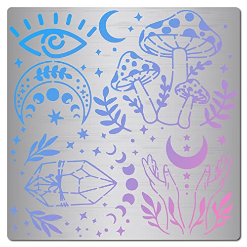 GORGECRAFT 6.3 Inch Mushroom Metal Stencil Eye Moon Phase Pattern Stainless Steel Cutting Stencil Template Journal Tool for Painting Wood Burning Pyrography and Engraving Home DIY Decoration Crafts - Mushroom and Moon Phase