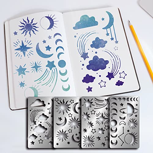 FINGERINSPIRE 4 Pcs Universe Space Theme Metal Stencils Template, (Sun, Moon, Stars, Clouds）Stainless Steel Drawing Painting Stencils for Scrapbooking DIY Etched Dies Decoration Supplies - Sun, Moon, Stars, Clouds
