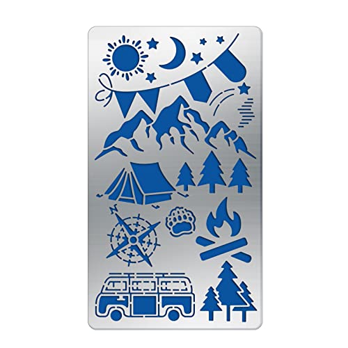 BENECREAT 7x4 Inch Camping Theme Metal Stencils Stainless Steel Painting Stencils with Barbecue Pattern for Wood Carving, Drawings and Woodburning, Engraving and Scrapbooking Project - Camping Theme