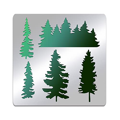 BENECREAT Pine Tree Stainless Steel Stencil Template, 6x6 Inch Forest Metal Journal Stencils Templates Tool for Wood Burning Pyrography Drawing and Engraving - Tree Pattern