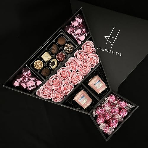 Lindt Lindor & Yankee Scented Votive Candle Signature Chocolate Hamper with Pink Roses in a Luxury Presentation Box