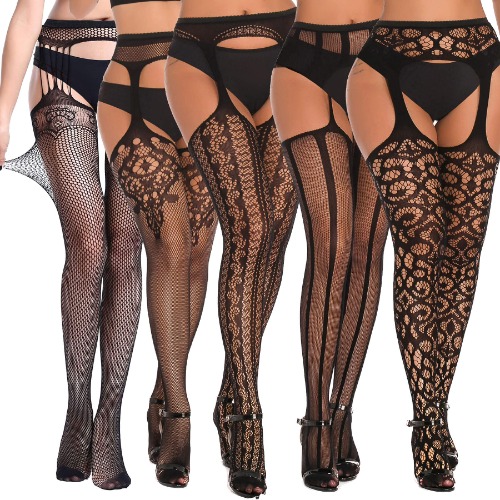 SOUTHRO 5 Pairs Women Lingerie Garter Belt Stocking Fishnet Thigh High Tights Suspender Pantyhose - One Size 5pcs-a-black