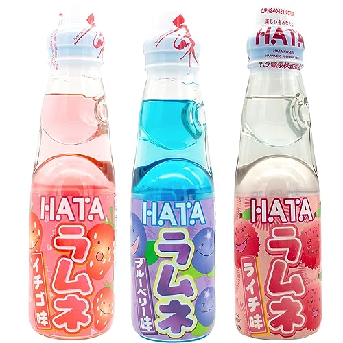 Ramune Japanese Soda, Variety Pack, 3 Fruity Bottles: Blueberry, Strawberry, Lychee, 1 Each, 6.76 Fluid Ounce - 3 Fruity