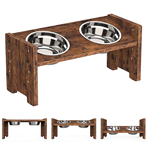 Vantic Elevated Dog Bowls - Adjustable Raised Dog Bowls for Small Dogs and Cats, Sturdy Rustic Brown Particle Board Dog Food Bowl Stand with 2 Stainless Steel Bowls and Non-Slip Feet - for Small Dogs and Cats - Rustic Brown