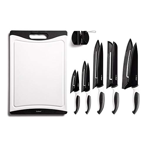EatNeat 12 Piece Kitchen Knife Set - 5 Black Stainless Steel Knives with Safety Sheaths, a Cutting Board, and a Sharpener, Razor Sharp Cutting Tools that are Kitchen Essentials for New Homes - Deluxe 12 pc Black Knife & Cutting Board Set
