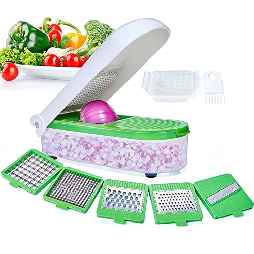 LHS Vegetable Chopper-Multifunctional Onion Chopper Dicer Sala Potato Cutter Cheese Grater Vegetable Food Slicer With Container-5 Blades(Green) - Gray