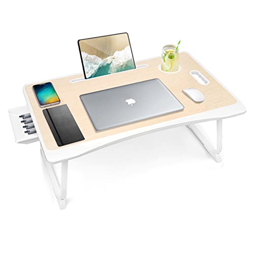 Amaredom Laptop Bed Desk Tray Bed Table, Foldable Portable Lap Desk with Storage Drawer and Cup Holder for Eating Breakfast on Bed/Couch/Sofa-White Oak - Black